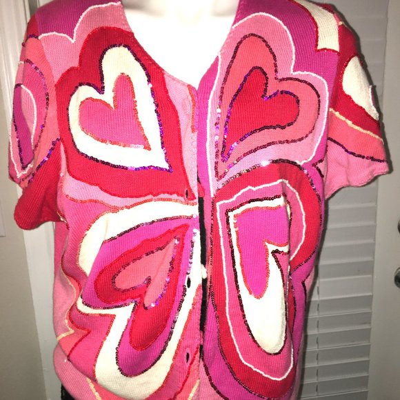 Michael Simon Heart Sweater = Hot Pink & Red Sequins ShowStopper  Sw1 - Picture 3 of 5